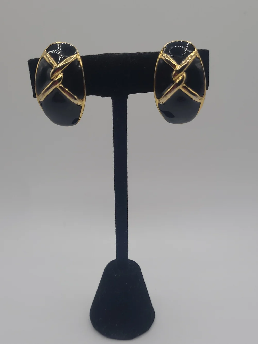 Gold-Tone Black Enamel Knot Clip-On Earrings
